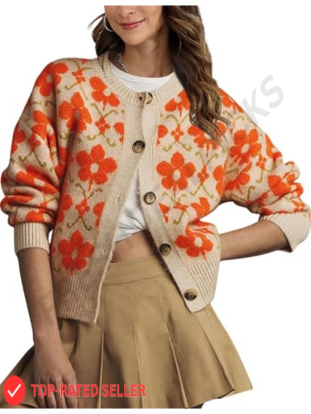 Women Floral Knit Cardigan Open Front Button Down Long Sleeve Vintage